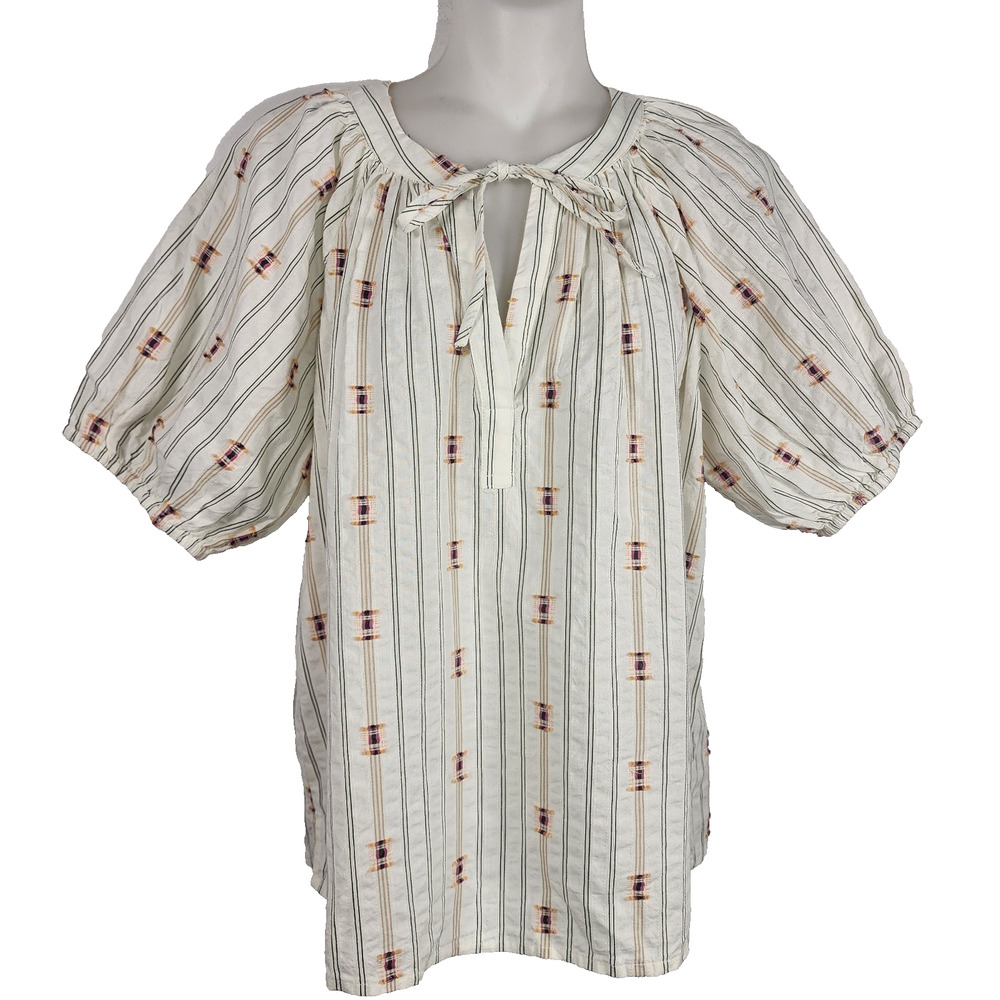 Loft Womens Blouse Ivory Clip Striped Tie Neck Embroidered Short Puff Sleeve S